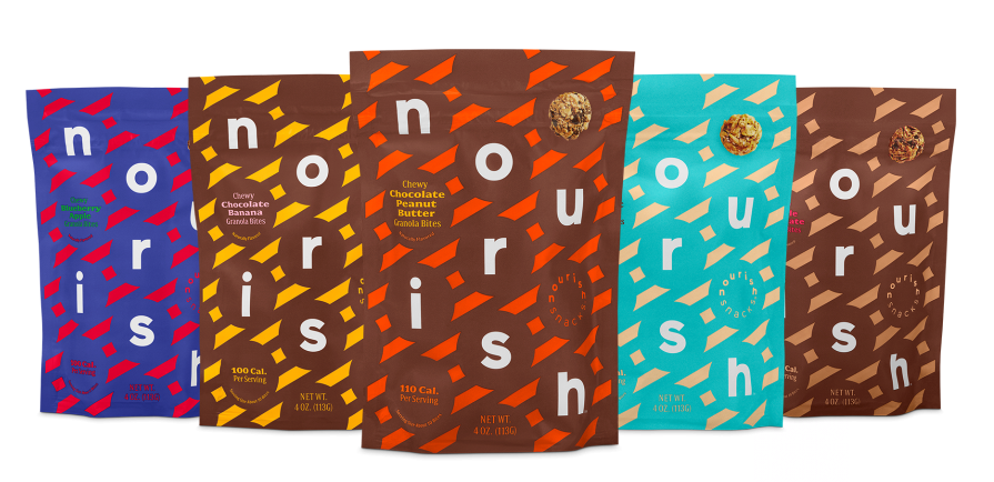 Nourish Snacks has redesigned the graphics for its flexible stand-up pouch packaging with a festival of colors and patterns.