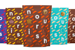 Nourish Snacks has redesigned the graphics for its flexible stand-up pouch packaging with a festival of colors and patterns.
