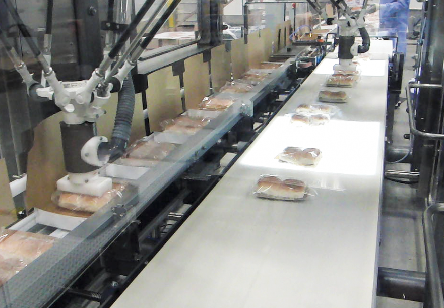 Flow-wrapped two-count pillow packs of burgers are vacuum-picked and placed into top-load chipboard cartons.