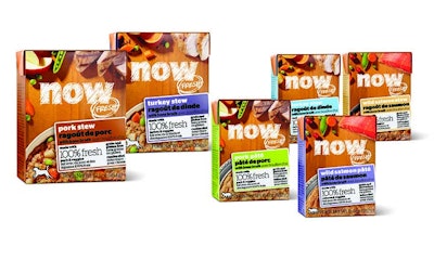 Petcurean’s new pâtés and stews are packaged in eco-friendly Tetra Recart retortable cartons, which are made from primarily wood fibers and are 100 percent recyclable. Photo courtesy of Petcurean.