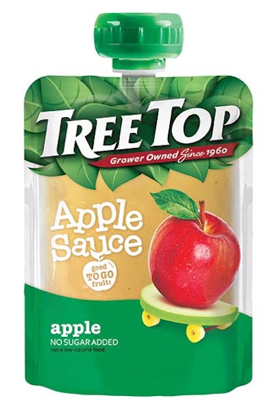 To promote the health and freshness of its applesauce, Tree Top switched to a new clear pouch that allows consumers to see the product before purchasing it. Photo courtesy of Tree Top.