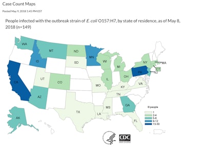 May 9, 2018 CDC map of states in E. coli outbreak