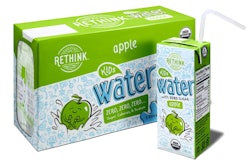 Rethink Water's 300-mL containers are sold in eight-count cartons, as shown here, and in corrugated cases.
