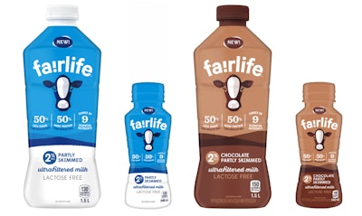 fairlife ultrafiltered milk is shown in 1.5L 2% partly skimmed, 240mL 2% partly skimmed, 1.5L 2% chocolate partly skimmed, 240mL 2% chocolate partly skimmed. It will also be available in 1.5L fat free and 1.5L whole 3.25%