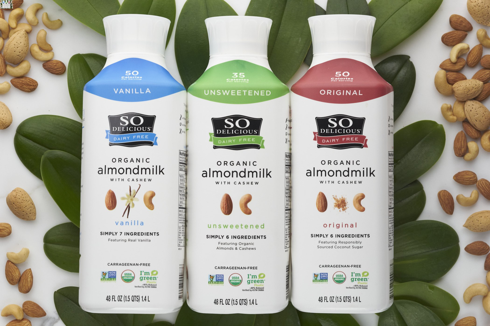 So Delicious Dairy Free&rsquo;s new Organic Almondmilk with Cashew is packaged in custom bottles made from sugarcane-based plastic.