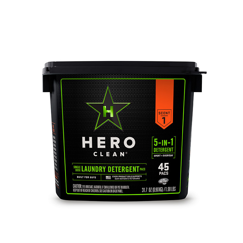 The 64-oz stock square PP container with tamper-evident lid holds 31.7 oz of laundry pacs.