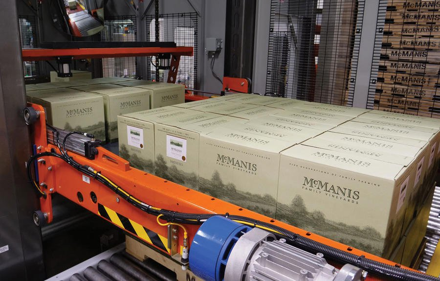 Corrugated cases filled with wine bottles at McManis Family Winery.