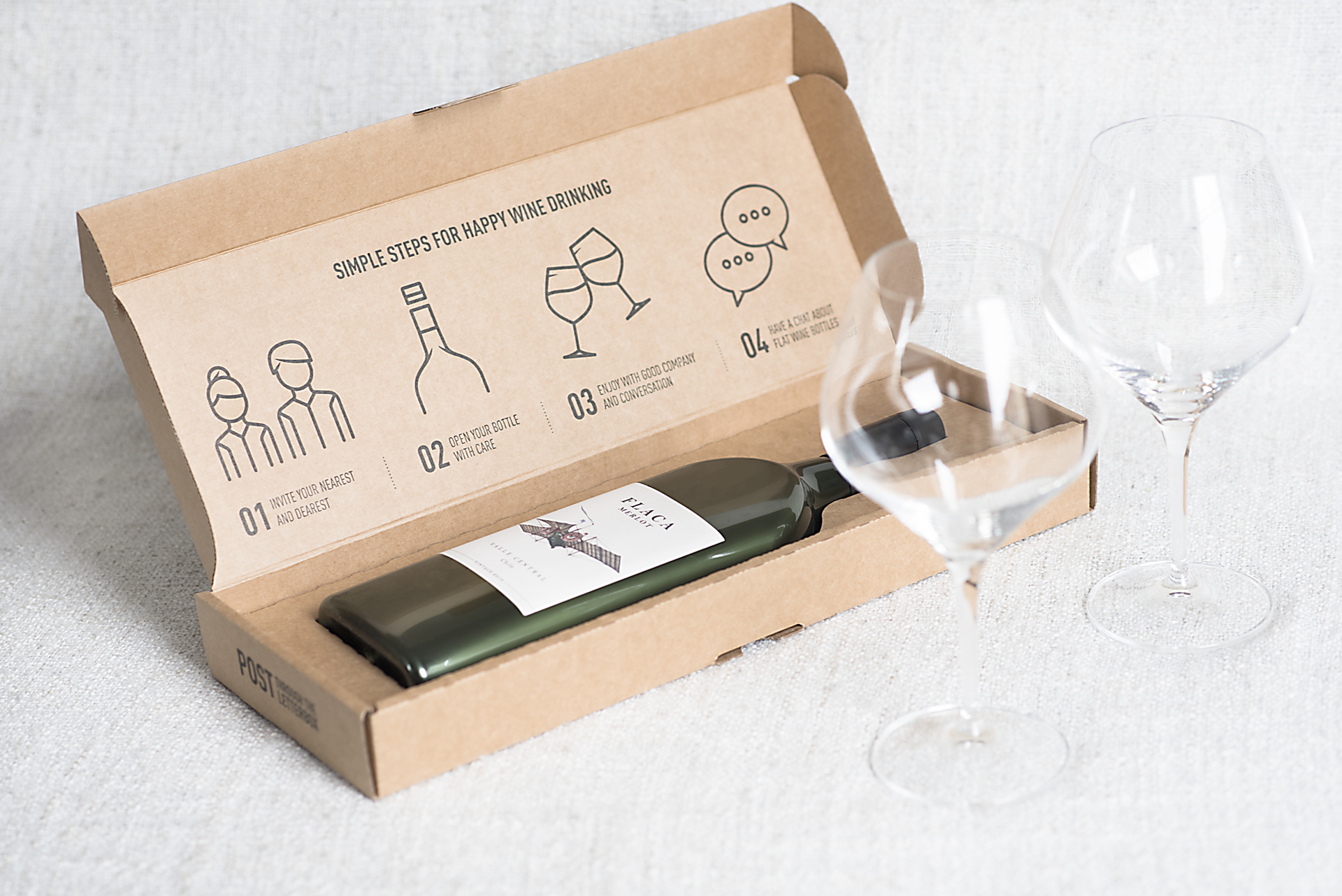 The wines are packaged in a corrugated, letterbox-friendly postal pack.