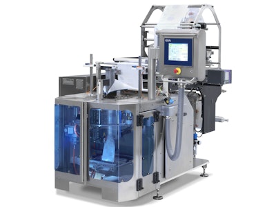 The GEA SmartPacker CX250-S vertical form/fill/seal packaging system for packing confectionery, snacks and nuts produces pillow bags 70- to 250-mm wide and can run up to 250 bags per min.