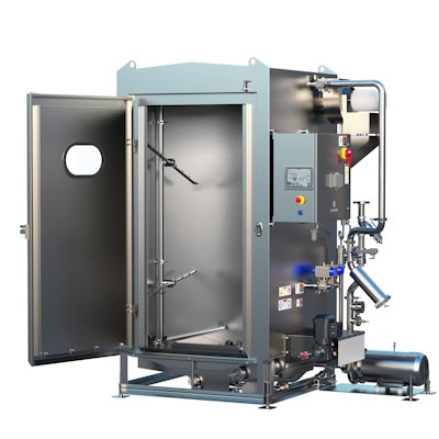 For the parts and equipment that can’t be cleaned in place, Sani-Matic offers clean-out-of-place systems, such as the SaniCab P Series Automated Cabinet Washer. Photo courtesy of Sani-Matic.