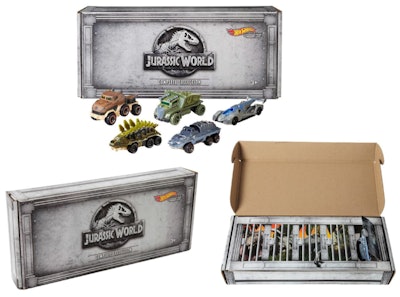 Instead of Jurassic World™ individual cars sold in stores from blister card displays, Mattel offers up unique package for e-commerce—all five cars bundled and held in a “dinosaur cage” complete with raptor claws printed graphics.