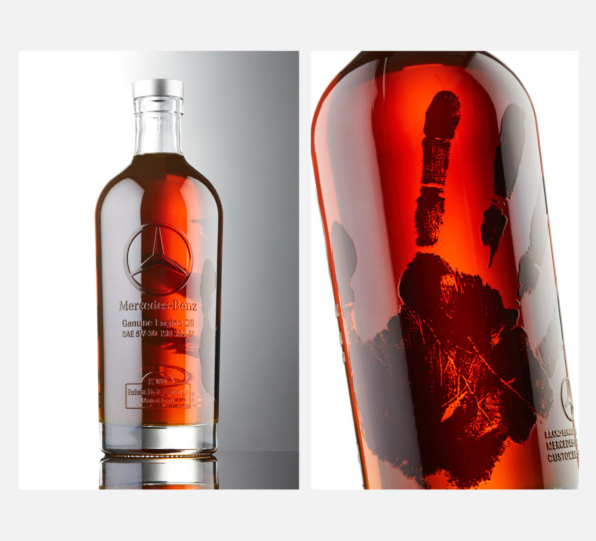 Premium motor oil from Mercedes-Benze gets a premium look thanks to direct digital print on glass.