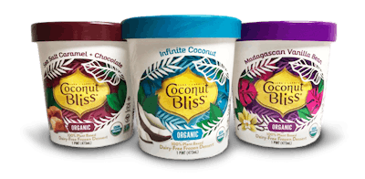 Coconut Bliss packages its plant-based ice cream in equally sustainable plant-based packaging. Photo courtesy of Coconut Bliss.