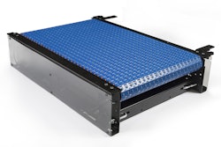 The MODSORT conveyor station features the System Plast 2253RT roller top belt, which allows the conveyor station to transfer and divert an array packages based on the sphere’s vector speed and direction. Photo courtesy of Regal Beloit Corporation.