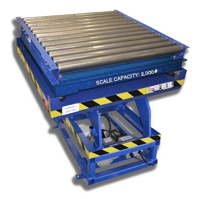 Verti-Lift scissor lift tables with an integrated conveyor and digital scales