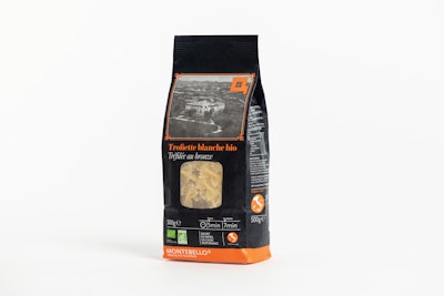 Pulp-based bag for pasta includes a see-through window.