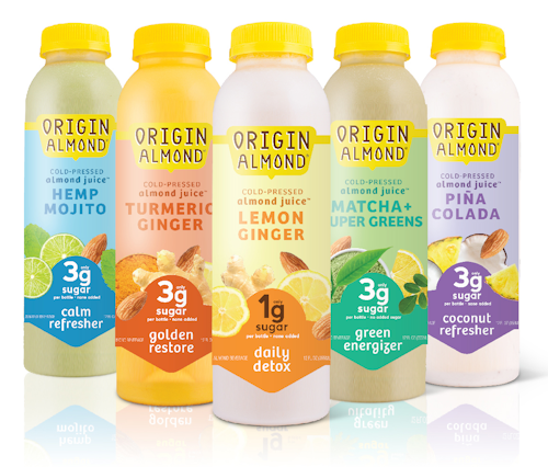 Packaging for Origin Almond’s almond juice includes an HPP-compatible 38-mm HDPE closure in the company’s signature yellow color.