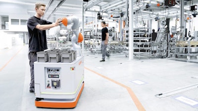 Kuka Robotics’ KMR iiwa combines its LBR iiwa lightweight cobot with a mobile, flexible platform.