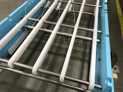 The CIP manifold and nozzles are manufactured using stainless steel construction and are meant to give the ability to introduce high-pressure water to the internal components of the conveyor system without removing the conveyor belt.