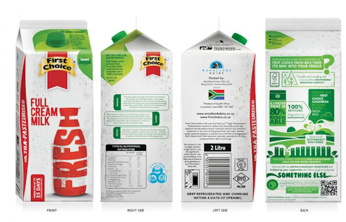 The new carton for Woodland Dairy's First Choice ESL milk is made from 80% renewable material and has a cap engineered partly from bio-based plastics.