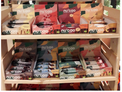 Compostable wrapping for vegan chocolate product.