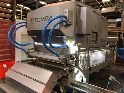 The TOMRA 5B provides a final check for mechanical damage and foreign materials, using lasers and smart-surround-view camera technology with 4K resolution for a 360-deg inspection of the almonds.