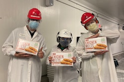 Conagra Brands’ Milwaukee plant team members Nick Thompson, Xiomaris Mendez, and Jake Rozenberg proudly display Chicken Melts products that are now more sustainably produced. Photo courtesy of Conagra Brands.