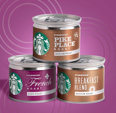 Holding 1.3 oz of ground coffee, the new can from Starbucks features an aluminum ring-pull top on a steel body and bottom.