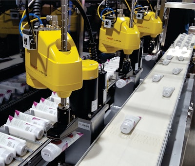 ESS Technologies uses three Fanuc robots to collate more than 160 cosmetic tubes/min for feeding to a case packer.