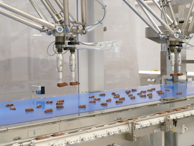 Theegarten-Pactec’s Vision Picker robot system uses camera recognition to feed the company’s wrapping machines with delicate chocolate figures.