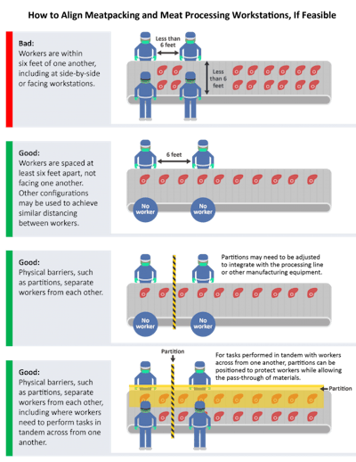 Plants should modify processing lines so that workers are at least six feet apart in all directions and do not face each other. Image courtesy of CDC.