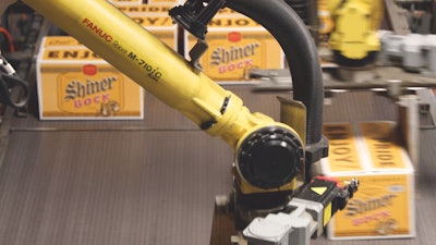 End-of-line palletization consist of an ultra-fast (1 case/sec) twin-robotic palletizer from Fanuc, supplied by KHS. The 12-pack cartons are first loaded into 12x2, 24-pack format trays ahead of the palletizer to keep the speeds optimized.