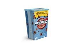 Swiss Miss Cocoa’s new light blue easy-grip container features recyclable plastic with a wraparound in-mold label and space-efficient tapered cube design.