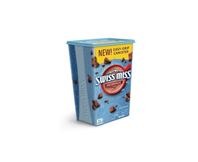 Swiss Miss Cocoa’s new light blue easy-grip container features recyclable plastic with a wraparound in-mold label and space-efficient tapered cube design.