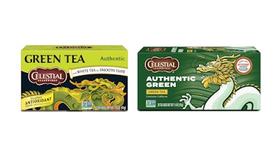 Celestial Seasonings' Authentic Green Tea BEFORE (l.) and AFTER the redesign.