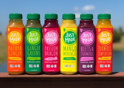 Just Made Foods produces juices in nine varieties in 1.8-oz bottles. Early this year, it plans to add SKUs in 1-liter bottles. Photo courtesy of Just Made Foods.