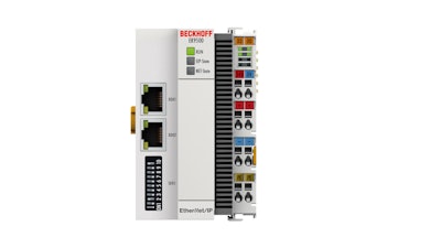 The EK9500 Bus Coupler connects EtherNet/IP networks to the EtherCAT Terminals (ELxxxx), as well as EtherCAT Box modules (EPxxxx) and converts the telegrams from EtherNet/IP to the E-bus signal representation. In EtherCAT, the EtherNet/IP coupler has at its disposal a lower-level, powerful, and fast I/O system with a large selection of terminals. According to Sree Swarna Gutta, North American I/O product manager at Beckhoff Automation, users with older systems and machinery can implement an IoT application that collects data for machine learning and send it over to the cloud without having to write detailed programming by using Beckhoff’s Couplers.