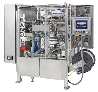 In this application, Triangle’s Model XYRJ vertical form/fill/seal (vf/f/s) bagger (shown above) combined with a Model A918 Combination Weigher to handle BBQ wood chips.