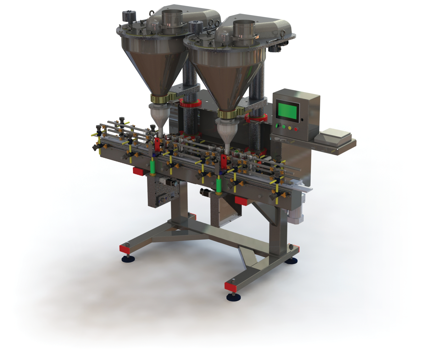 The M302L, an in-line twin-auger filling system, elevates the container with each fill cycle and then vibrates it on its way down so that product can settle.