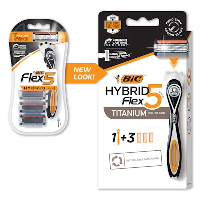 BIC has transitioned seven of its razor varieties in the U.S. from blister packs to paperboard hang-tag cartons made from 80% recycled content. Among is the Hybrid Flex5 Titanium.