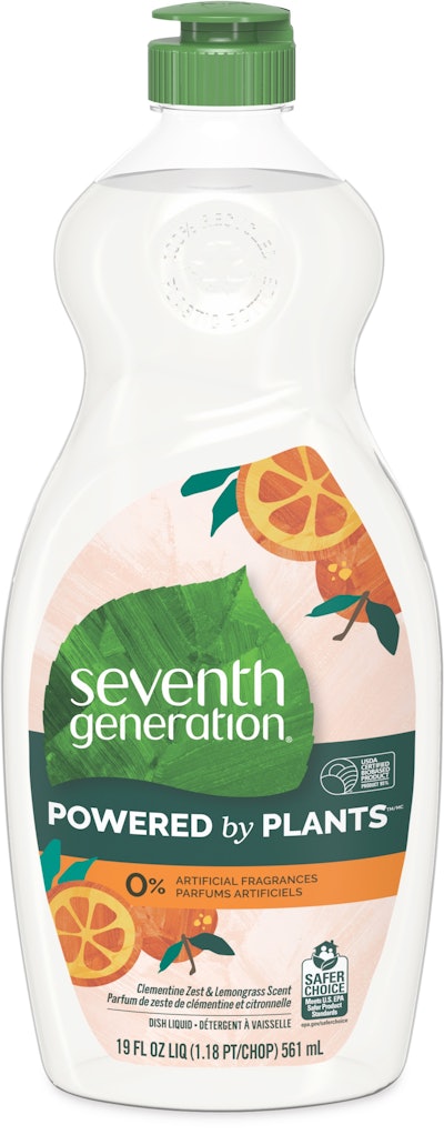 This 100% PCR cap for a line of dish washing liquids is made in large part from recycled PP clothes hangers.