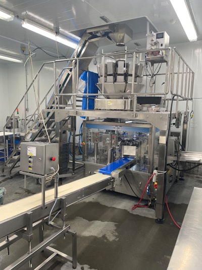 The Plan It RotoBagger inside the Hardy Buoys facility includes a multi-head weigher, the RotoBagger, a pre-made pouch machine, with a platform and sanitary washdown inclined conveyor.