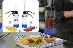 The FlexPrep portion-dispensing device is in action here in a foodservice setting. It uses pouches (inset image) with two coextruded transparent films (A) to form the pouch body, and a blue spout (B) for pressure-based dispensing.