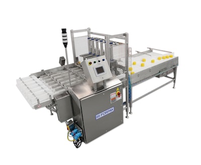 The above Forpak Stacker (Model Number – GSS5-8) is a typical electric vertical stacker with pneumatic horizontal cylinders used for stacking products. The Stacker can be manufactured in three to ten lanes depending on production demand. The test model was a four-lane unit (Model Number – GSS5-4). The picture also shows a takeaway conveyor attached for manual or downstream automated packaging.