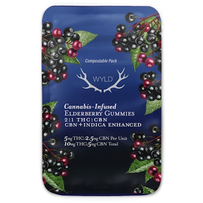 The petite, flexible pouch holds two gummies per pack, with all Canadian products packaged in this format, including indica-enhanced Elderberry CBN.