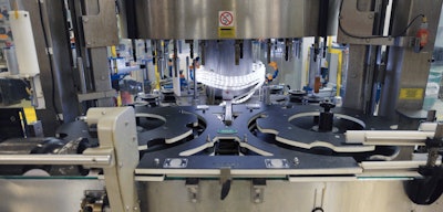 Labeled starwheels and other changeparts on a filler at Beam Suntory’s Frankfort location.