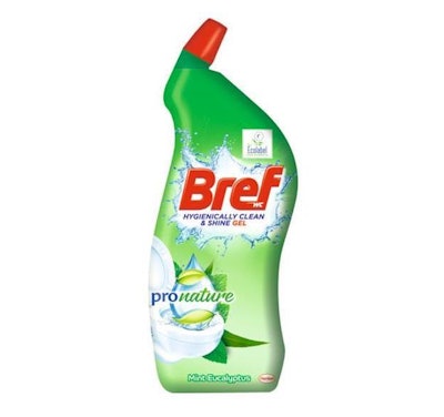 Henkel's Bref brand toilet cleaner bottle made with 50% PCR.