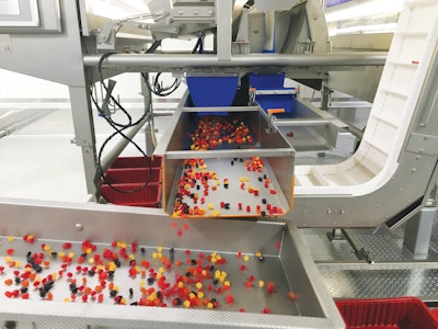 One of the Layton Systems Uni-Vibe conveyors installed at PIM Brands safely moves fruit snacks.