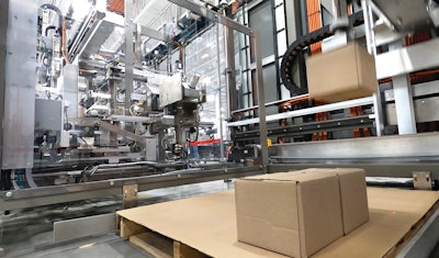 Cases are singulated and palletized by an overhead shuttle, after coding and marking directly onto the corrugated. The products’ weight tends to keep pallet heights low, but many pallet patterns, including pinwheel, are available.