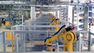 Robotic palletizing stations form cases in palletized configurations directly on the palletizers’ platforms, eliminating wooden pallets.